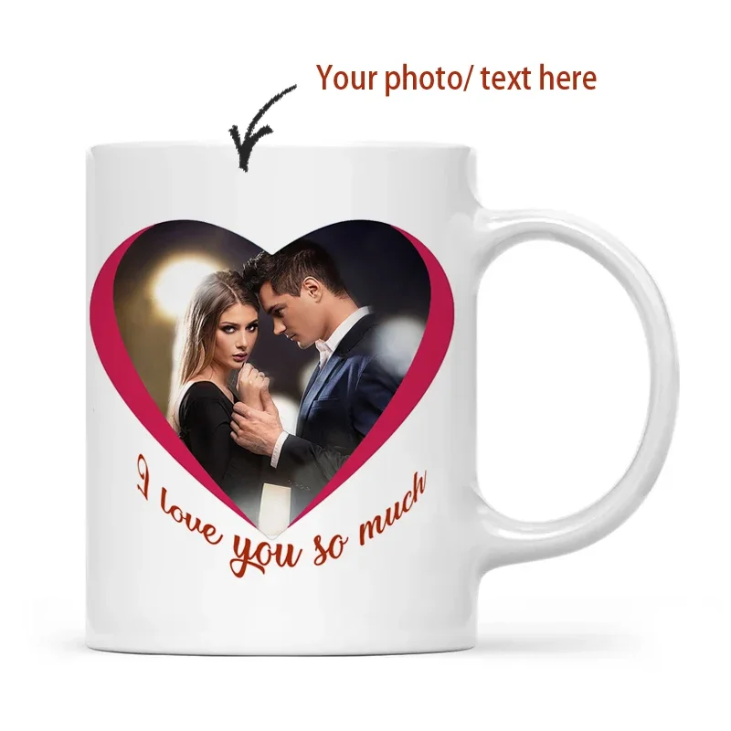 Custom Photo Heart Mug Ceramic Tea Cup Personalized Picture Text Romantic Anniversary Birthday Gift For Her Him Personalized
