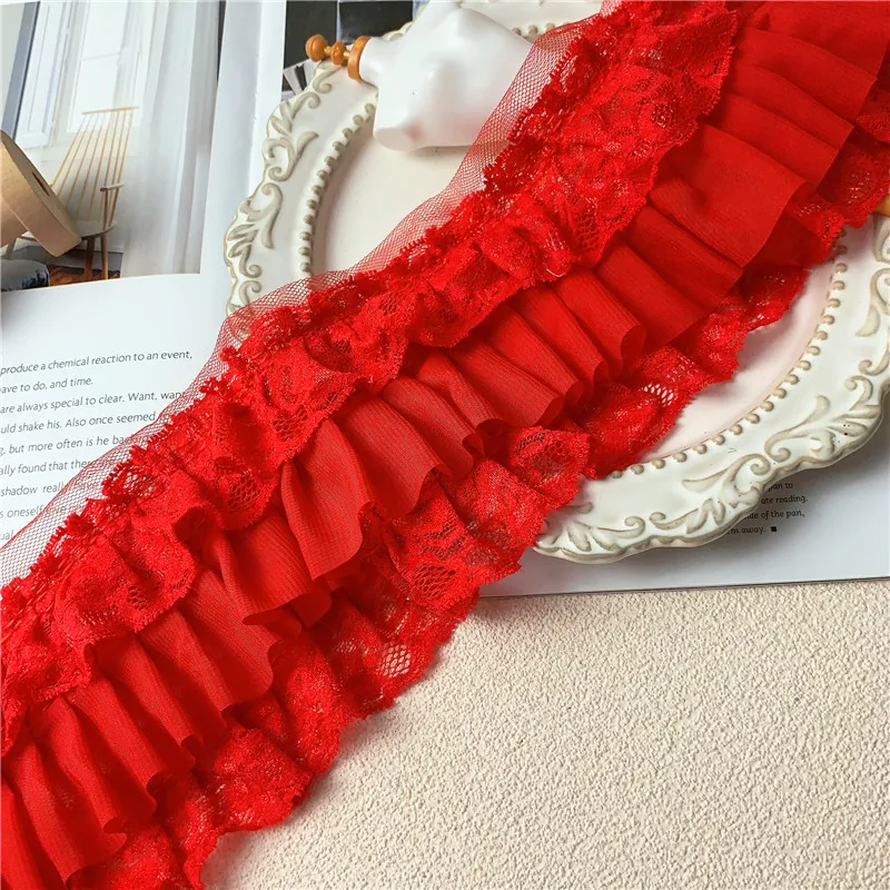 10CM Wide Three Layers Red Pleated Chiffon Lace Fabric Embroidery Fringed Ribbon Ruffle Trim Dress Clothing DIY Sewing Decor