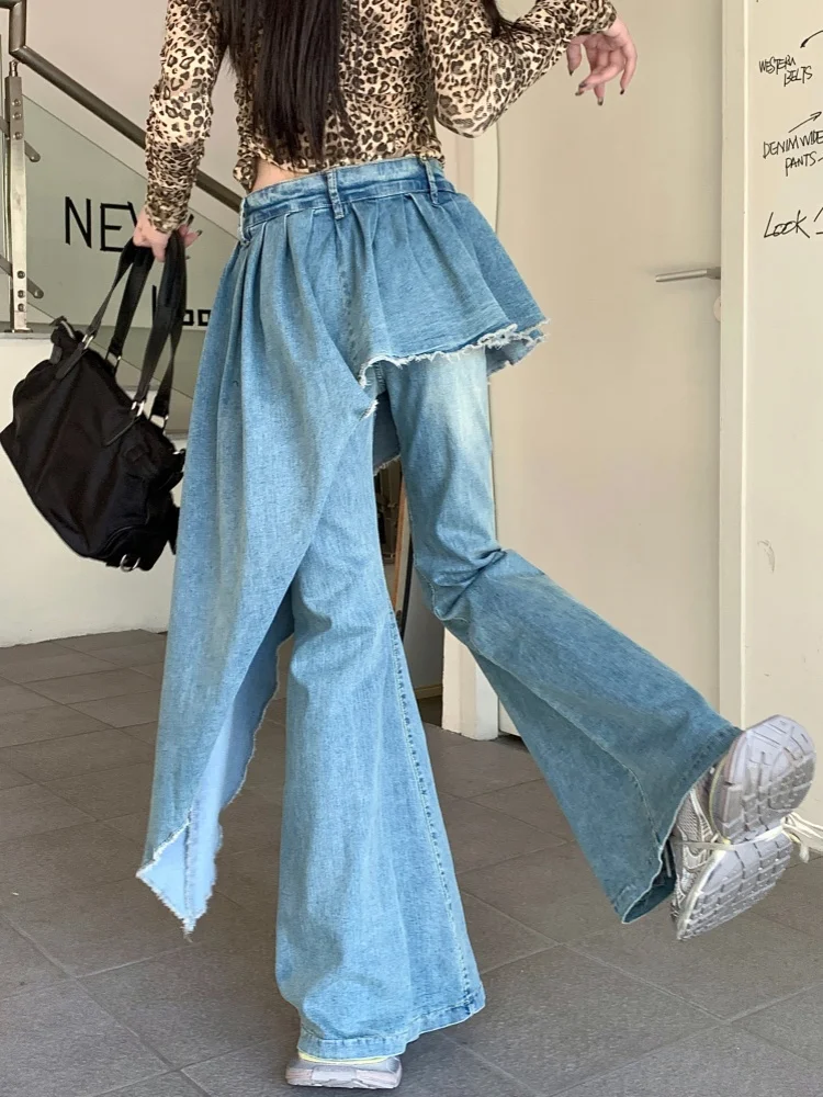 2024 Ropa Y2K Fashion Ribbon Washed Blue Slim Stacked Flare Jeans Pants For Women Designer Clothes Gothic Lady Denim Trousers