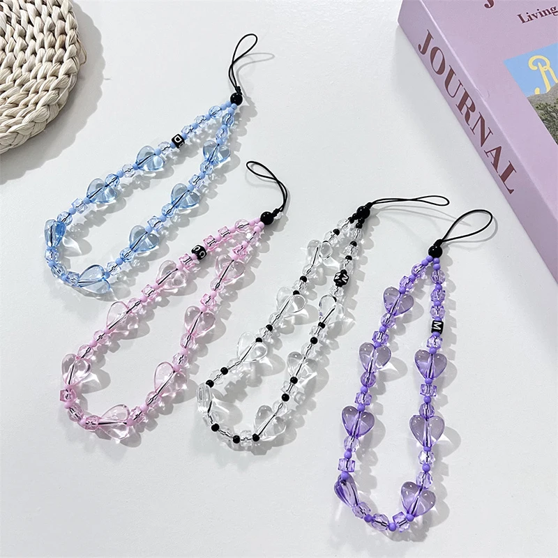 Y2K Love Heart Bead Phone Lanyard Simple Clear Beads Phone Strap Keychain Anti Lost Phone Chain Wristband Camera Charms