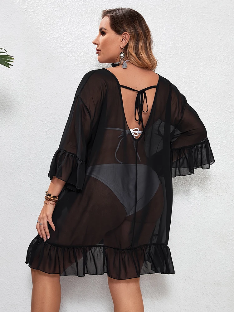Plus Size Women’S Bathing Suit Cover Up For Beach Swimwear Blouse Ruffled Cover-Up Dress Summer Swim Beach Wear Bathing Suits image 2