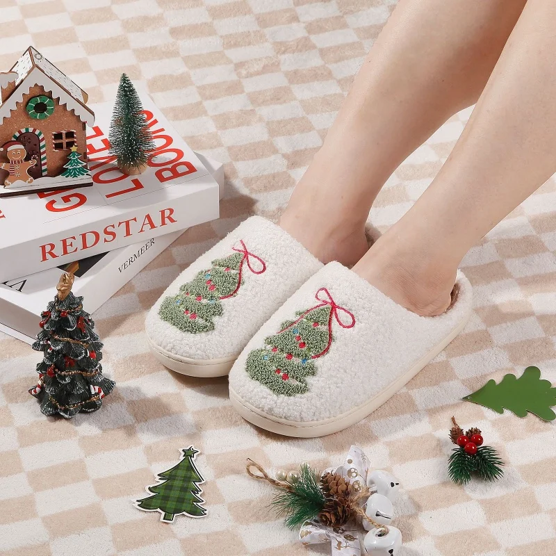 Winter Christmas Tree Cotton Slippers for Women Couple Winter Cute Cartoon Home Non-slip Sandals Adult Indoor Floor Plush Slides