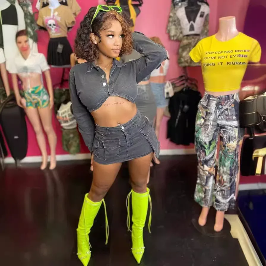 

Denim 2 Piece Sets Women Short Skirt Long Sleeve Jacekt Outfits Top High Waist Sexy Party Night Suits Ensemble Streetwear