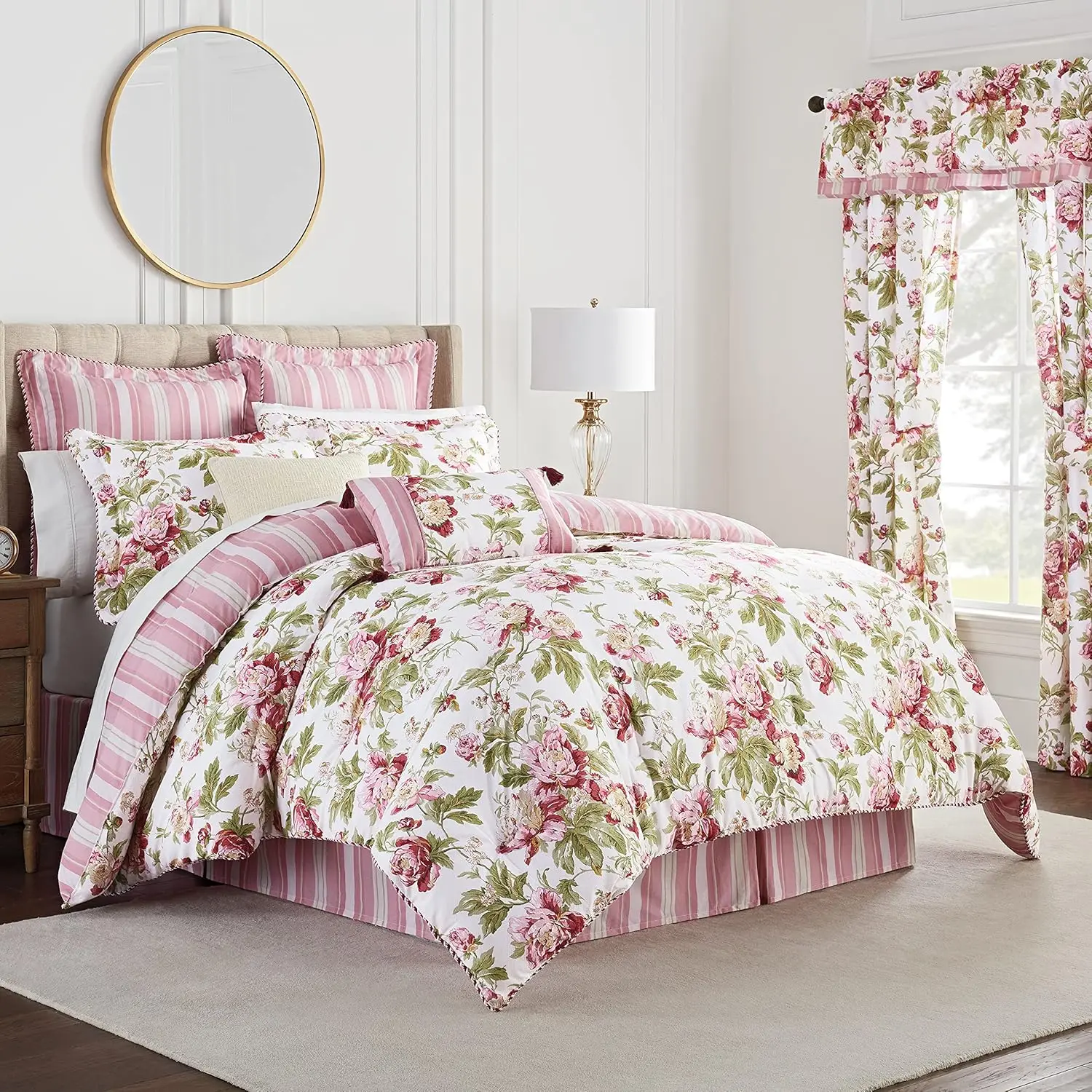 Waverly Forever Peony 4-Piece Comforter Set, Embellished All Season Bedding, Includes One Comforter, One Bed Skirt And Two