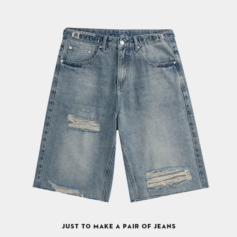 

Рваные джинсовые шорты с пятью точками в стиле ретро для мужчин, летние Instagram, новый стиль, свободные и утягивающие, широкие брюки средней длины.