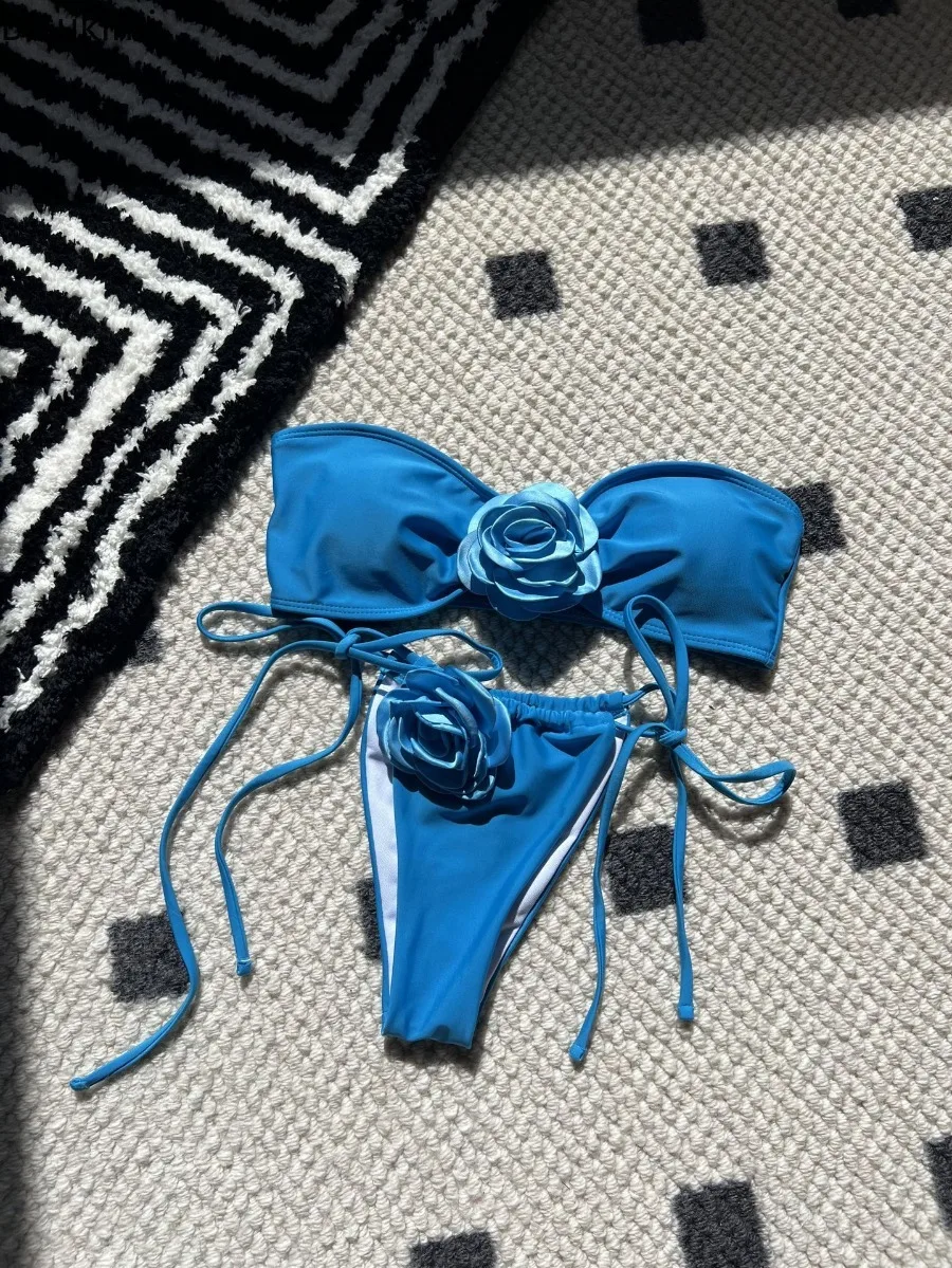 2025 Bandeau Floral Micro Bikini Sexy Women Swimsuits Female Swimwear Bikini Set Brazilian Biquini Swimming Suit Solid Beachwear