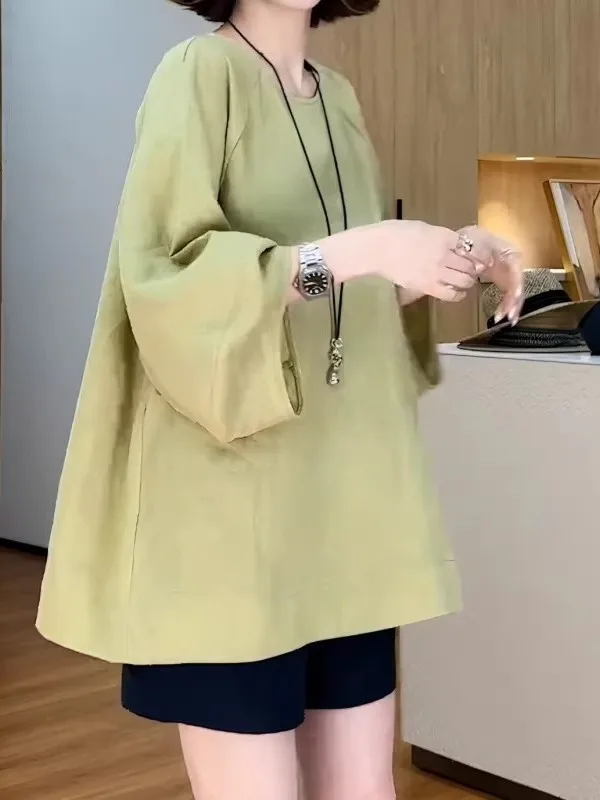 

High-End Women's Summer New Pure Color Loose Fit round Ne Cotton Linen Slimming T-irt Top Faionable plus Size Basic Sle