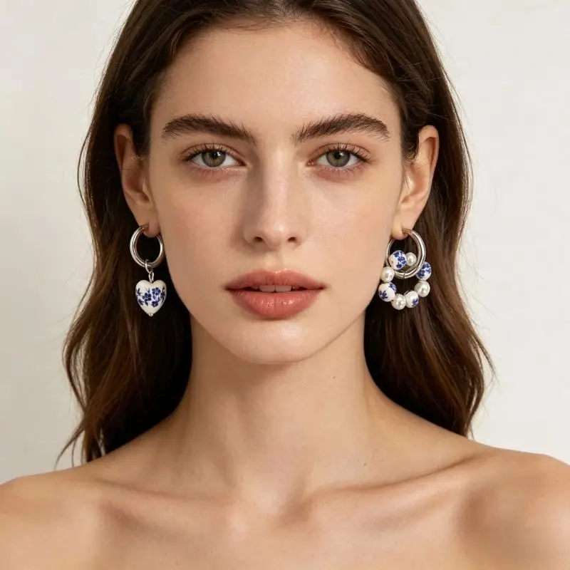 1 Pairs Chinese Style Imitation Blue And White Heart Ceramic Pendant Earrings Stainless Steel Ear Buckle Accessories