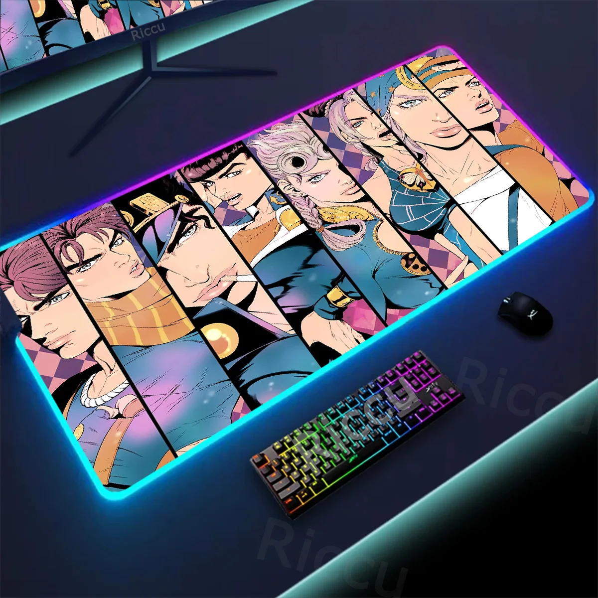 Imagem -03 - Rgb Anime Grande Gaming Mousepad Teclado Mouse Pad Tapetes Antiderrapantes Tapetes Play Mats Led Tapete de Impressão Gamer Desk Jojo Acessórios