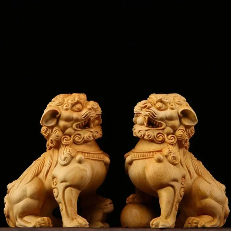 China Wood Carved Fengshui Animal Ball Pixiu Foo Fu Dog Lion Statue Pair Bixie