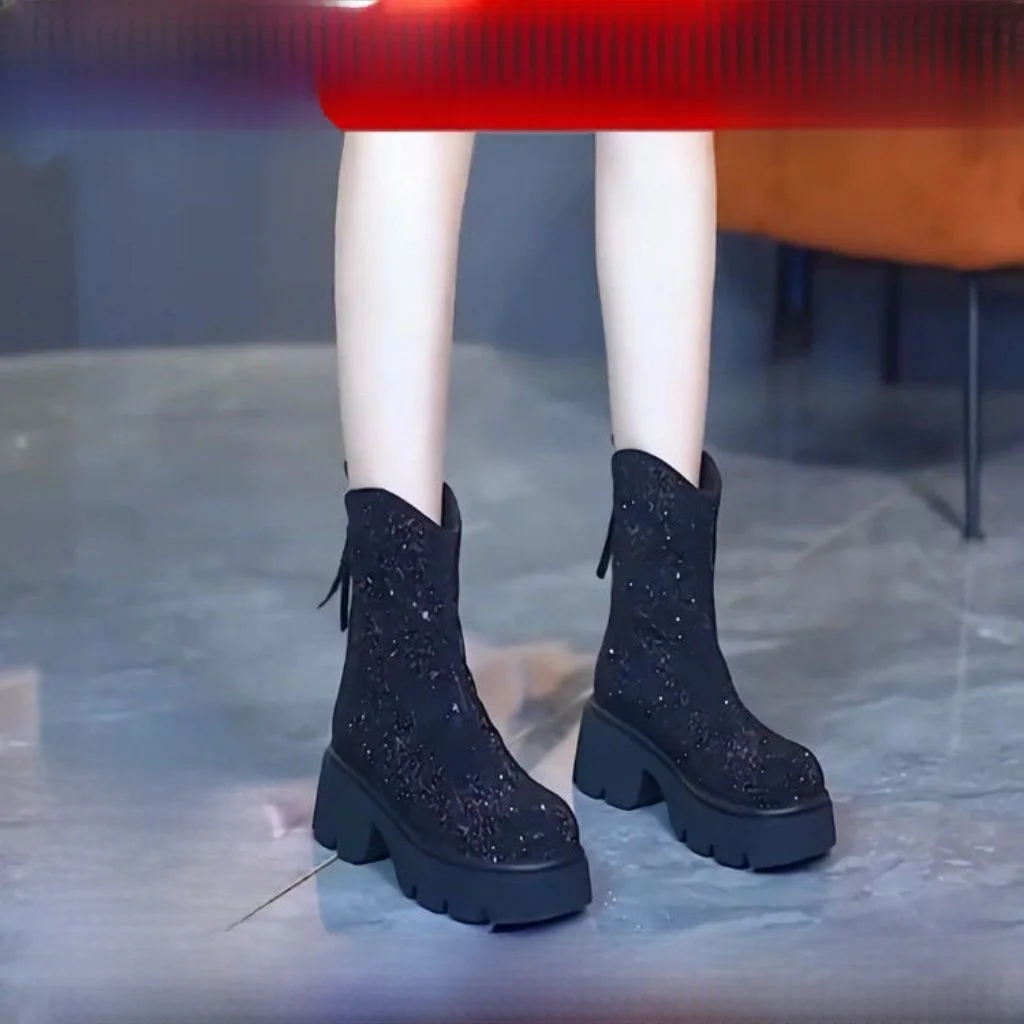 

Women's Boots Thi Bot ort High Heel round Head Autumn Winter New Sle Korean Version Diamond Decorated Boots