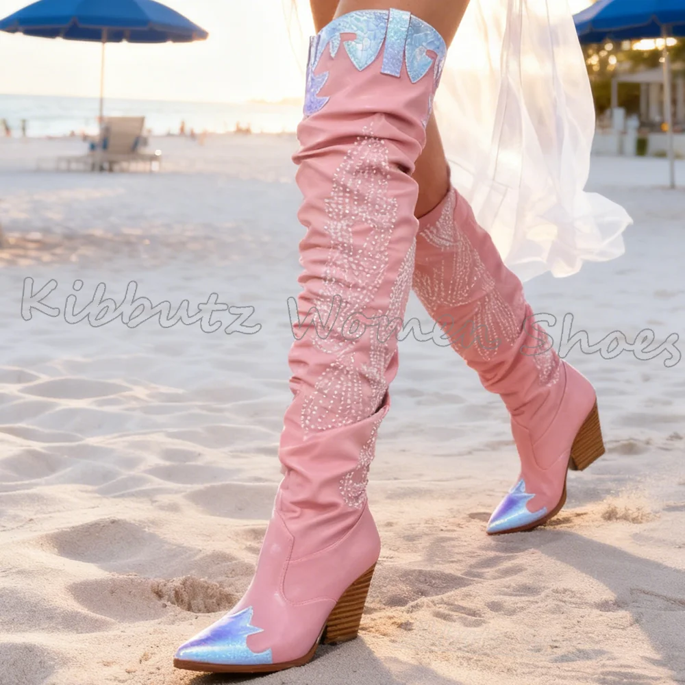 

Cowboy Boots Over The Knee Leather Vintage Slip-On Mixed Color Fashion Luxury Elegant Concise Sexy Elegant Shoes Chunky Heel New