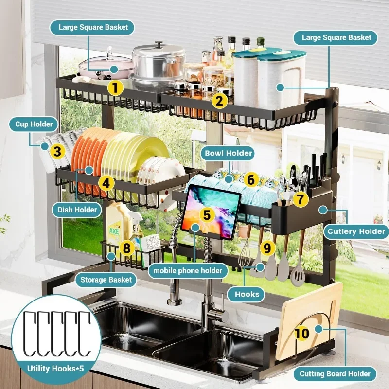 Estante para secar platos sobre el fregadero (altura y longitud extensibles) diseño a presión estante para platos grande de 2 niveles