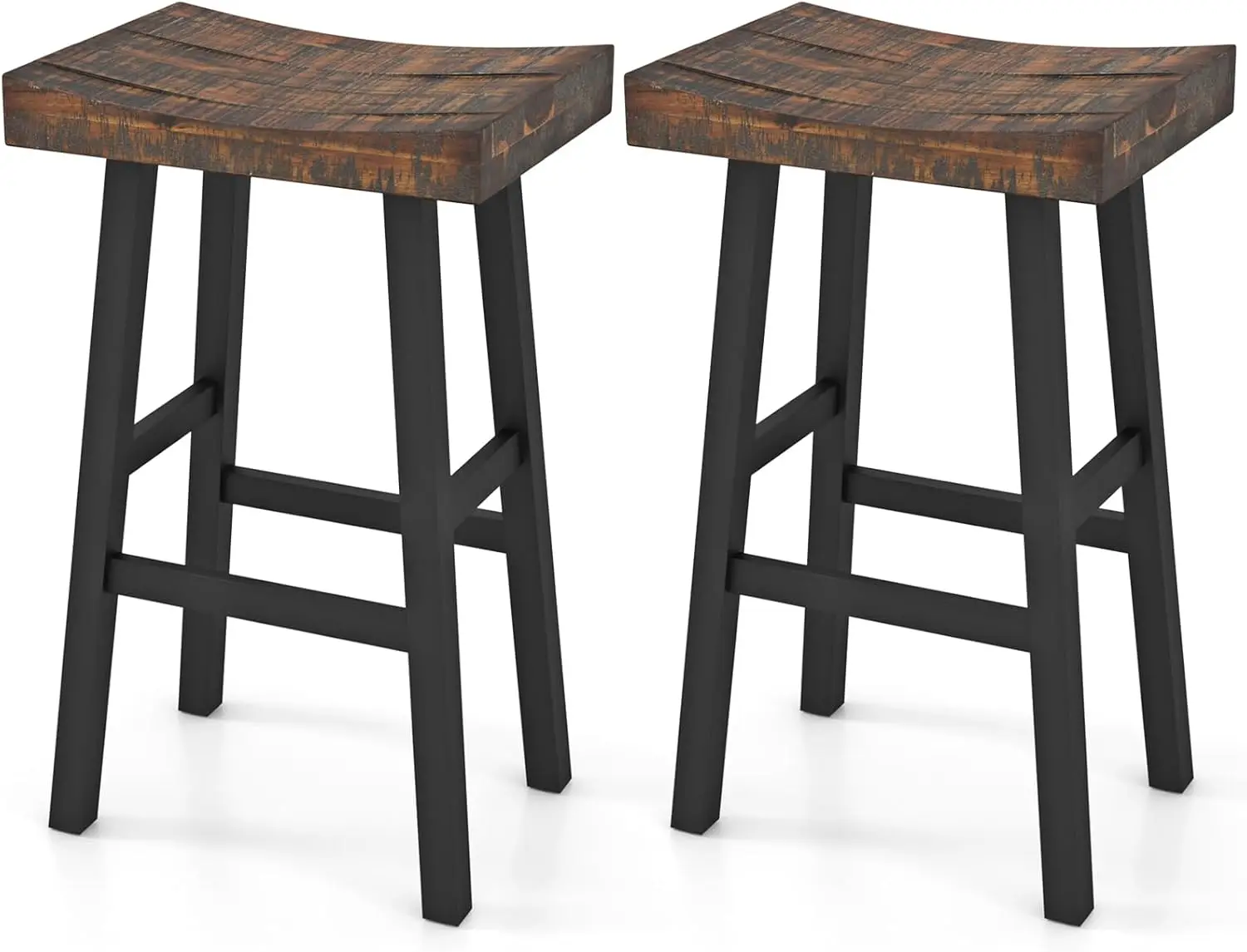 

29” Bar Stools Set of 2, Industrial Bar Height Barstools with Saddle Seat, Solid Wood Frame & Footrests, Wooden Bar Cha