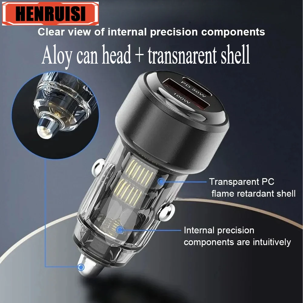 130W Type C Transparent Car Charger USB Fast Charging in Car for iPhone 16 15 Xiaomi 14 Huawei Quick Charge Mobile Phone Charger