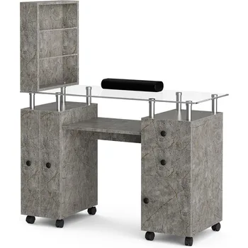 โต๊ะทําเล็บ โต๊ะทําเล็บสําหรับเล็บเทค สถานีโต๊ะทําเล็บด้านบนกระจก พื้นผิวหินอ่อนพร้อมลิ้นชักเก็บของและชั้นวางแบบเปิด