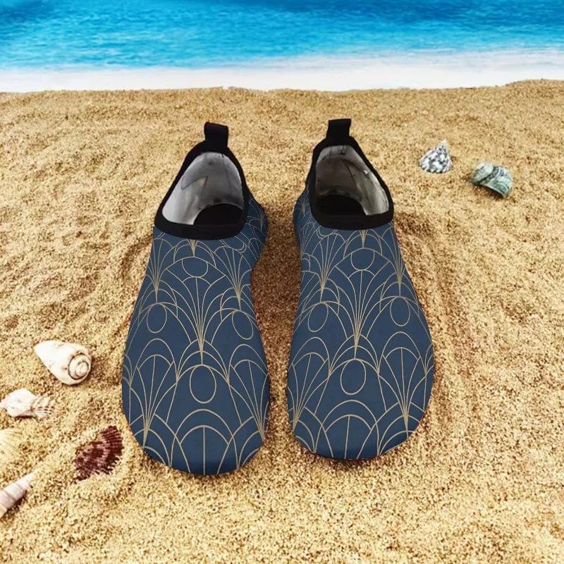 1 Pair Unisex Retro Art Deco Print Sandals, Navy Gold Non-slip Slides, Luxury Plus Size Water Shoes Summer Seaside