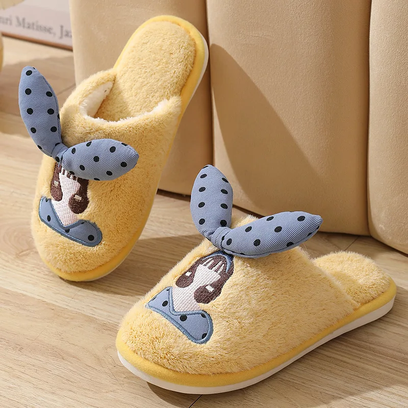 New Bow Autumn and Winter Cotton Slippers Couple Home Non-slip Wear-resistant Silent Indoor Cute Floor Cotton Slippers Men Women