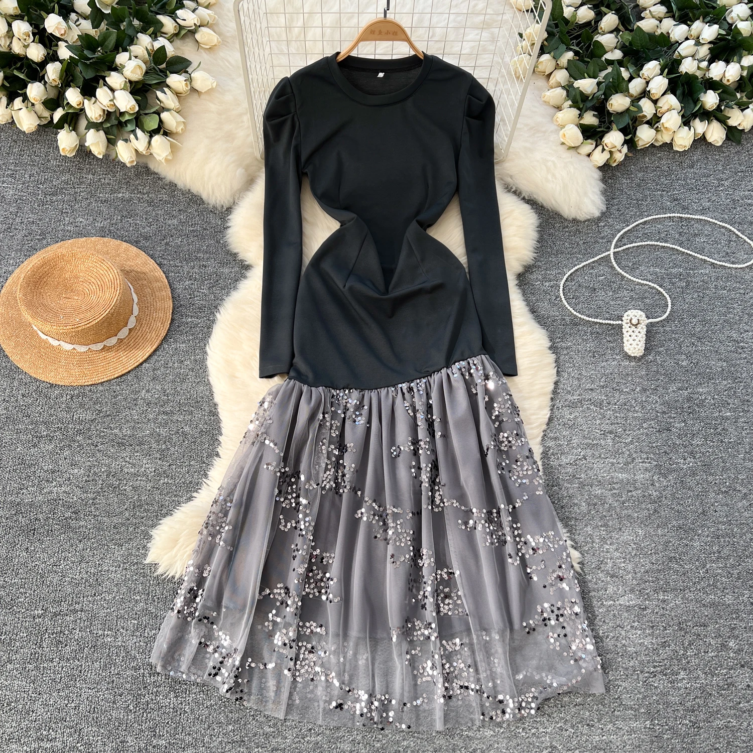 Elegant Long Sleeves Vintage O-neck Chic Asymmetrical Spliced Sequins Mesh Dresses French Evening High Street Autumn Clothing