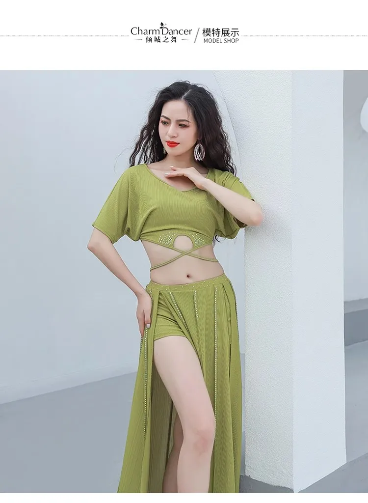 Conjunto de traje de danza del vientre para mujer, Top + falda, conjunto de 2 piezas, ropa para el escenario, traje de práctica, traje de baile