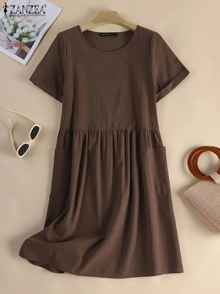 ZANZEA Oversize kobiety Vintage trwała bawełna Sundress moda w stylu Casual, imprezowa wakacje Vestido lato O dekolt luźna sukienka z krótkim rękawem