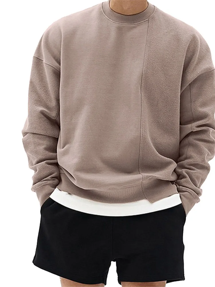 

Spring Autumn Men's O-neck Korean Style Trendy Brand Sweatshirt Fashion Irregular Solid Splicing Male Long Sleeve Casual Tops