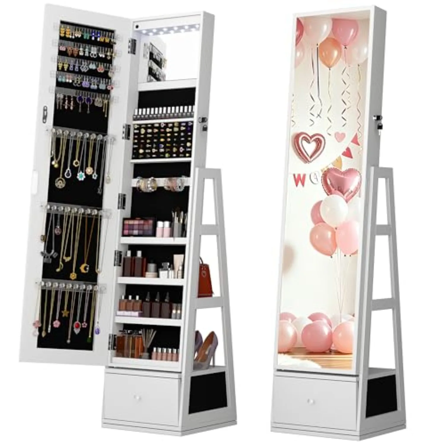 Rotatable 6 LEDs Jewelry Armoire With Drawer, White