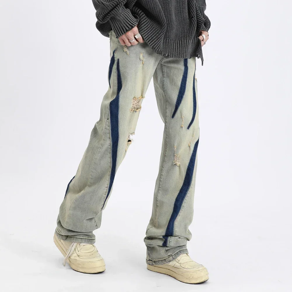 Ripped Jeans Men Straight-leg Slim Graphic Denim Pants Pantalones Hombre High Street Casual Summer Punk Distressed Y2k Trousers