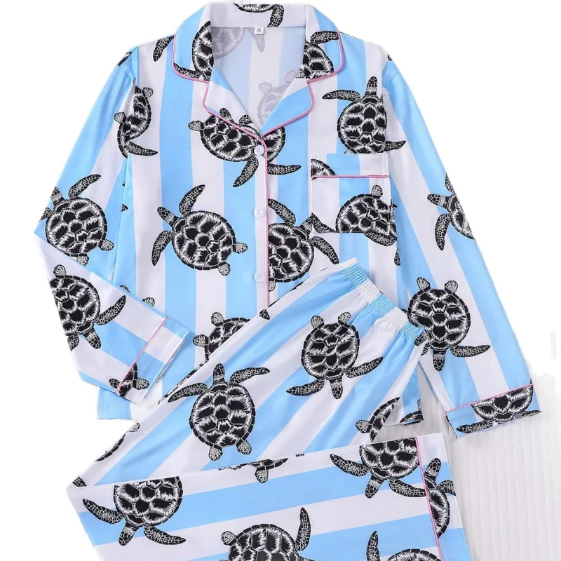 Spring and Autumn Pajamas Printed Casual Comfortable Loungewear Girls Long Sleeve Trousers Lapel Set New Cross-border Underwear