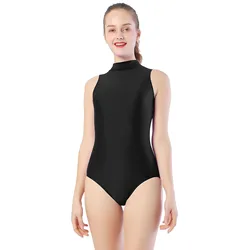 AOYLISEY Women's Sleeveless Ballet Dance Leotards Black Gymnastics HIigh Neck Bodysuits Turtle Jumpsuit Zipper Stage Costumes