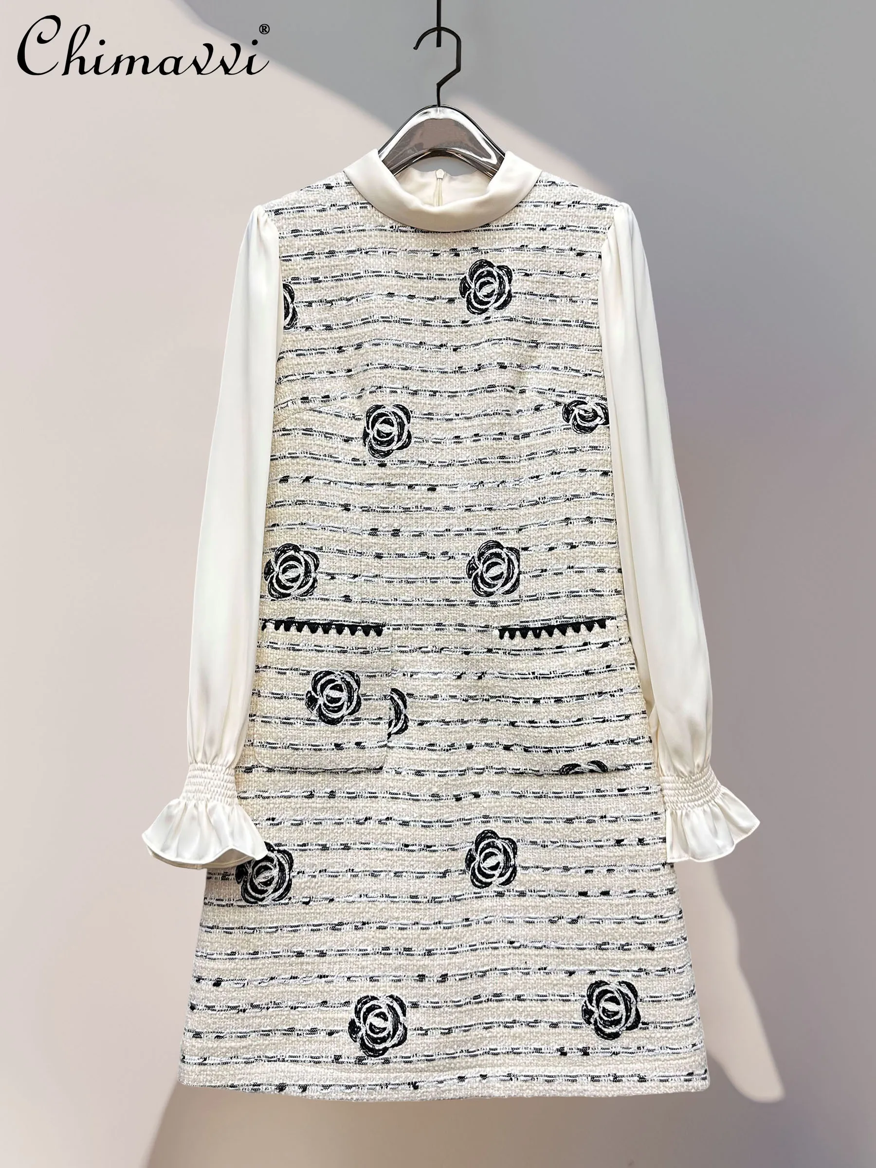 

French Elegant Temperament Socialite Wool Dress Spliced Round Neck Long Sleeve High Waist A-line Party Short Dress Women Autumn