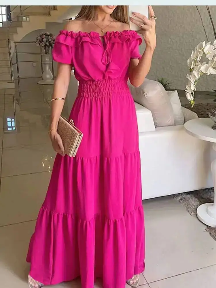 Letnia sukienka damska w stylu boho na lato 2026, elegancka sukienka plażowa na imprezę, codzienna sukienka maxi z dekoltem typu slash neck do biura, sukienka damska Robe Femme LD5A