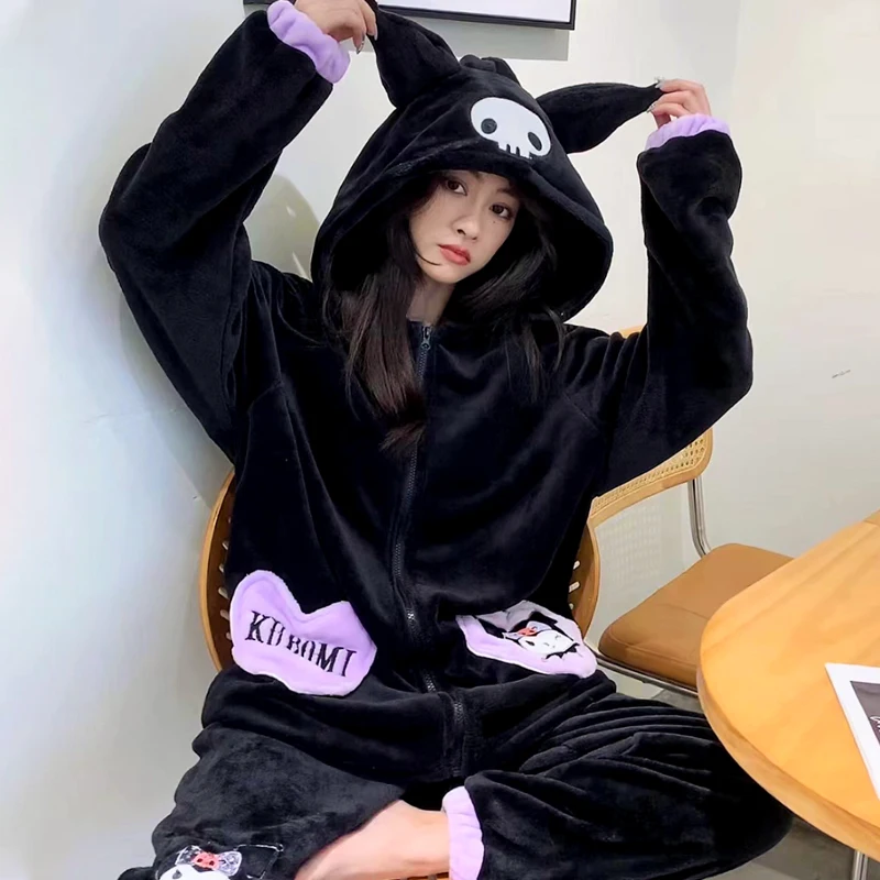 Miniso Halloween Style New Sanrio Kuromi Women\'s Black Homewear Two Piece Set Kawaii\'s Flannel Long Sleeve Pajama Set Gift