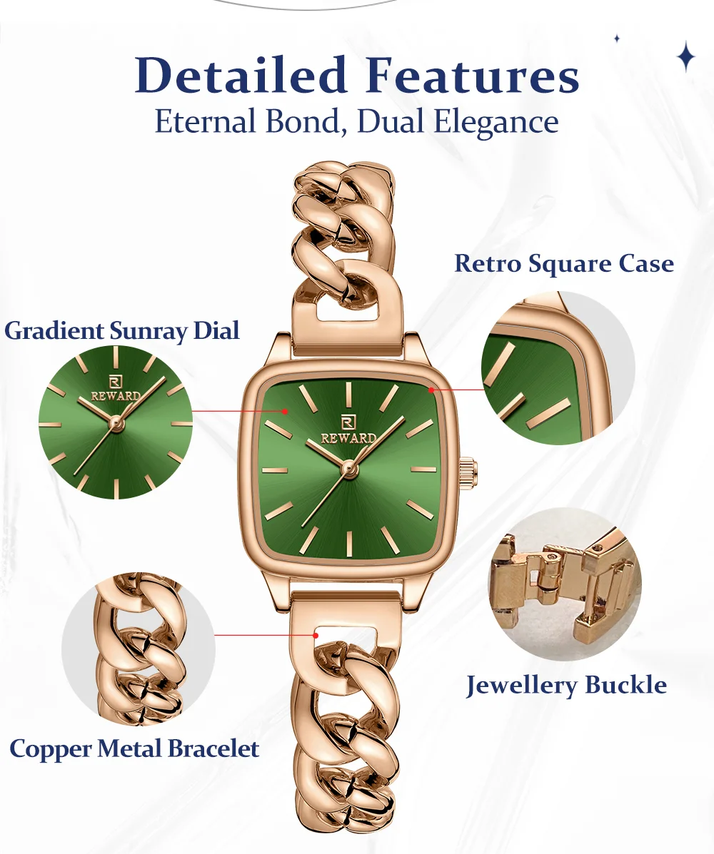 REWARD Hottest square lady wrist watch copper bracelet waterproof Japan movement dressing vintage quartz watch for women 2024