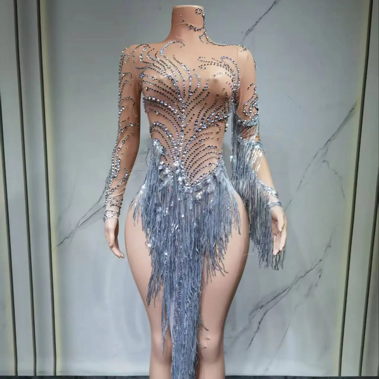 فستان سهرة نسائي شفاف شبكي مثير مع شرابات ترتر من حجر الراين المتلألئ، يستخدم في زي الرقص للاحتفال بعيد الميلاد