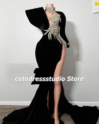 Sexy Split Prom Dresses High Neck Velvet Black Party Dress Long Sleeves Applique African Mermaid Evening Gowns Customized