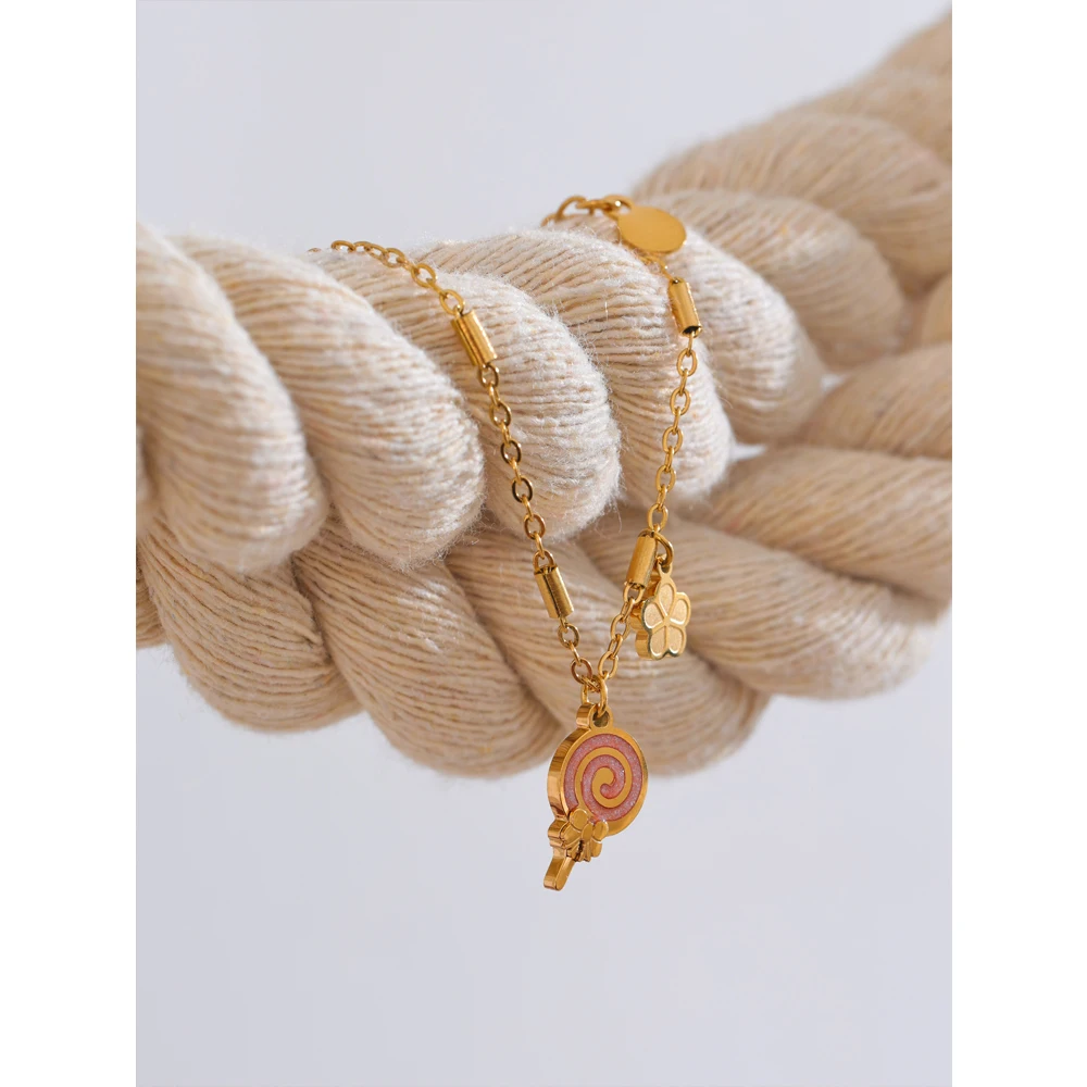 Yhpup Fashion Stainless Steel Enamel Lollipop Flower Drop Golden Bracelet Bangle High Quality Sweet Wrist Jewellery Gift