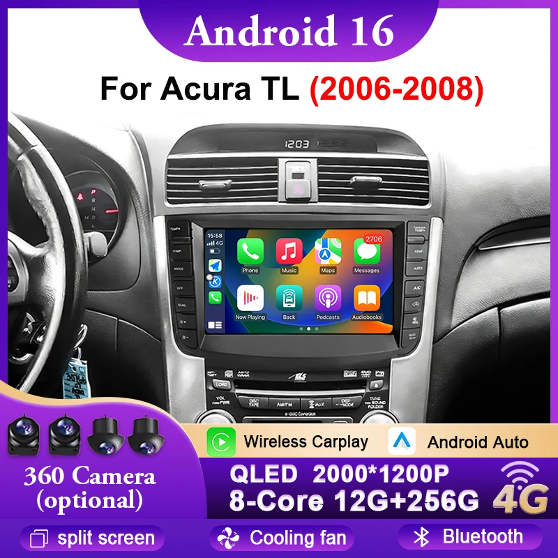 Radio para Auto con Pantalla QLED 2K y Android 16 Carplay para Acura TL 2006-2008, Navegación GPS, Estéreo, Reproductor Multimedia, Bluetooth