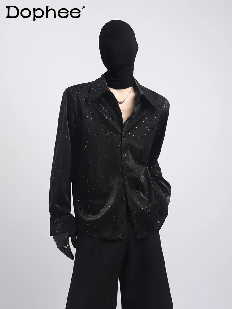 Korean Fashion Trendy Men's High-End Sequin Long-Sleeve Shirt Handsome  Casual Versatile Turn-Down Collar Long-Sleeve Shirt