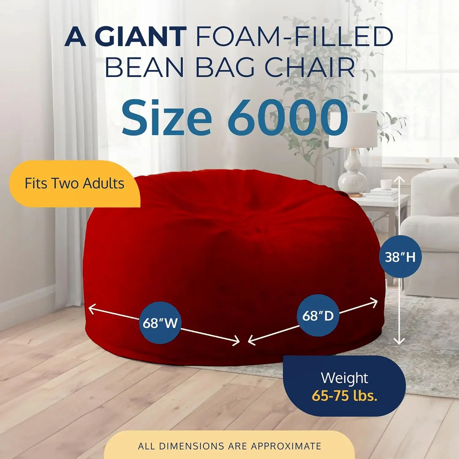 6000 6-Foot Bean Bag Chair, Red Suede Cover – Oversized Foam Lounger, Floor Seat, Small Sofa, or Couch Bed for Living, Custom view 3