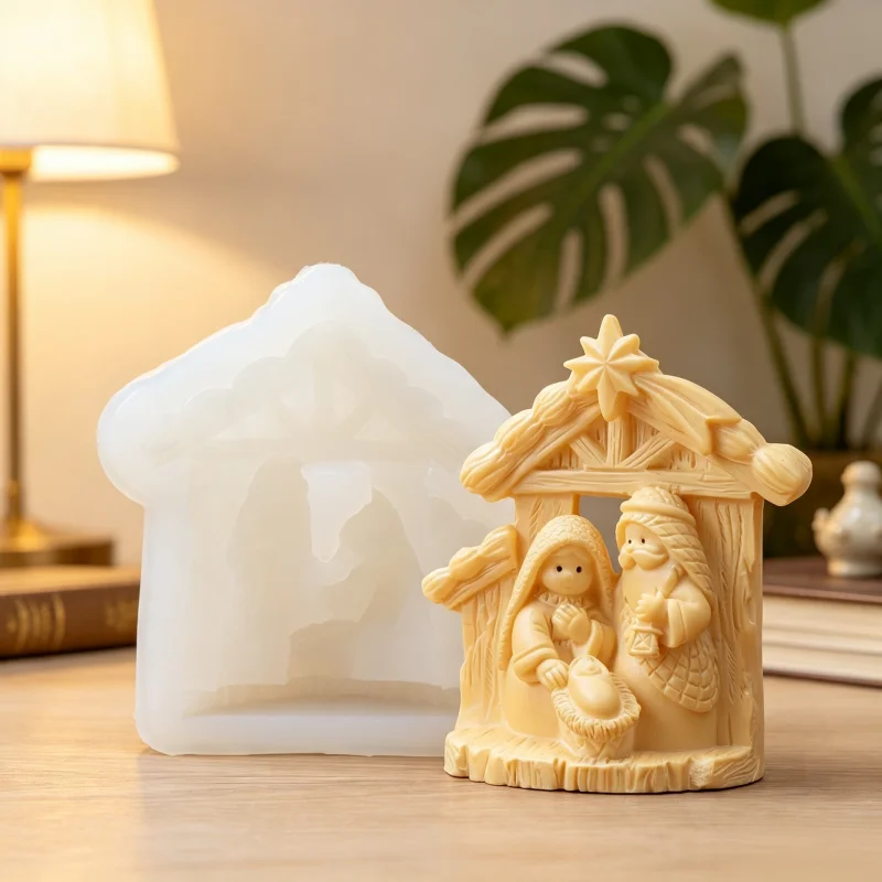 Christmas Manger Silicone Candle Mold, Nativity Scene Wax Candle Making Mould, 3D Religious Resin Casting Tool DIY Home Decor