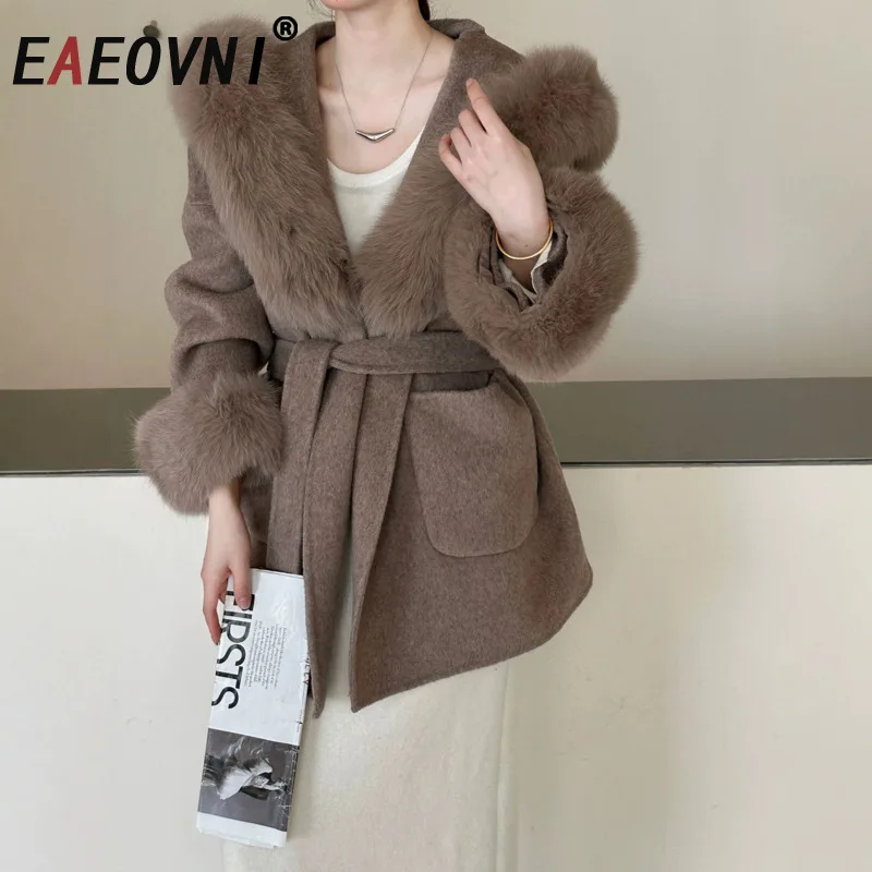 

EAEOVNI Winter New Double Wool Jacket Women Fashion Fur Sleeve Spliced Design Belt Gathered Waist Coat Luxury 2025 Clothing