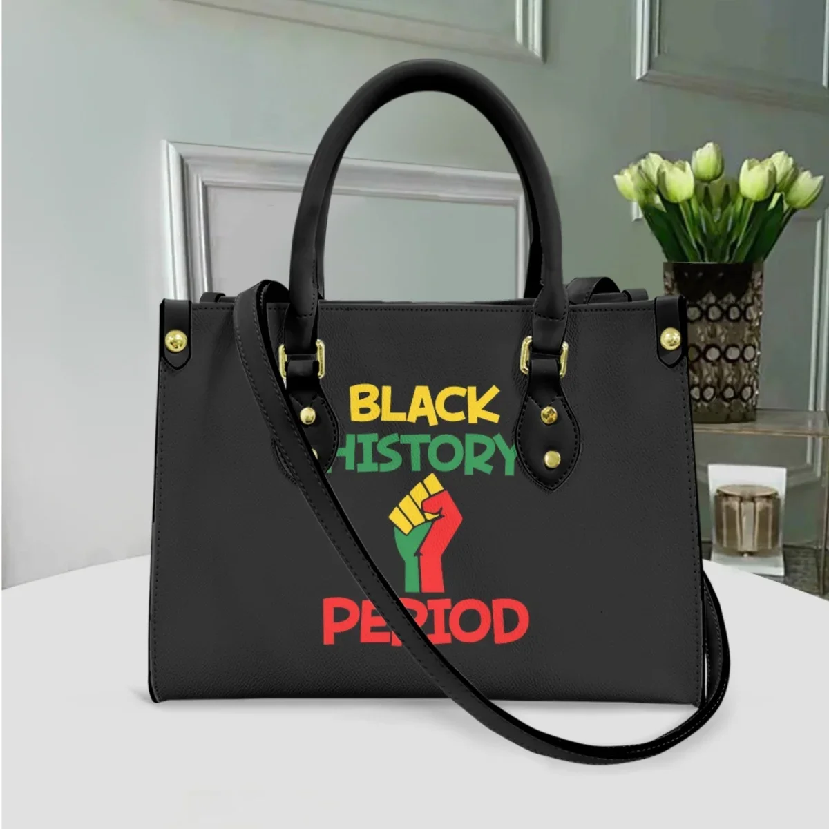 Black History-Bolso de cuero con correa de hombro larga para mujer, bolsa de mensajero portátil, bolso de compras para niñas, puño de período de historia, diseño creativo