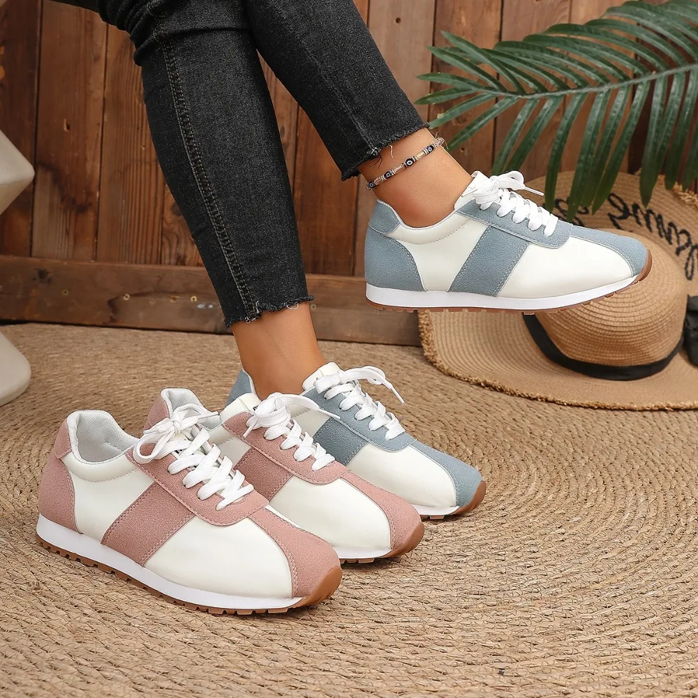 Women Color Block Sneakers Lace Up Patchwork Retro Walking Shoes Ladies Lightweight Casual Flat Athletic Shoes