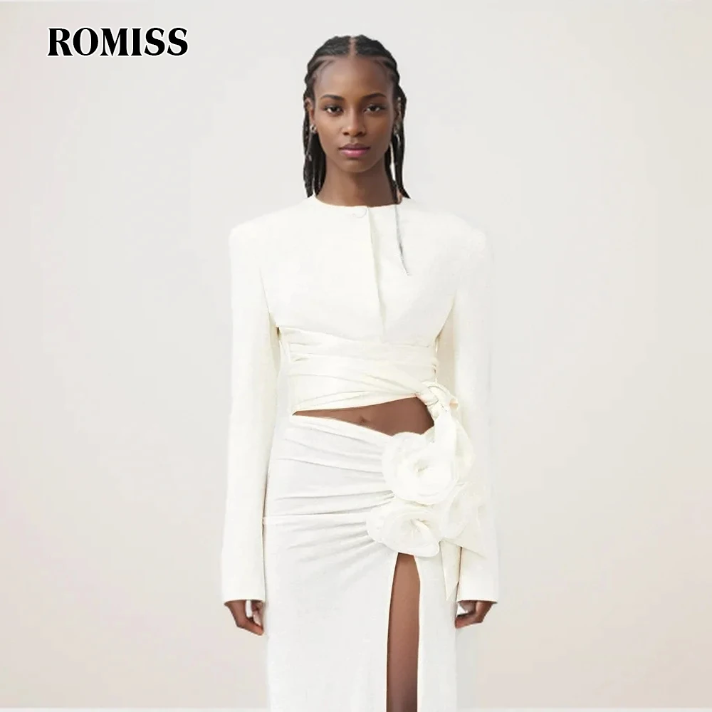 ROMISS Solid Slimming Patchwork Lace Up Coat For Women Round Neck Long Sleeve Spliced Button Elegant Minimalist Coats Female