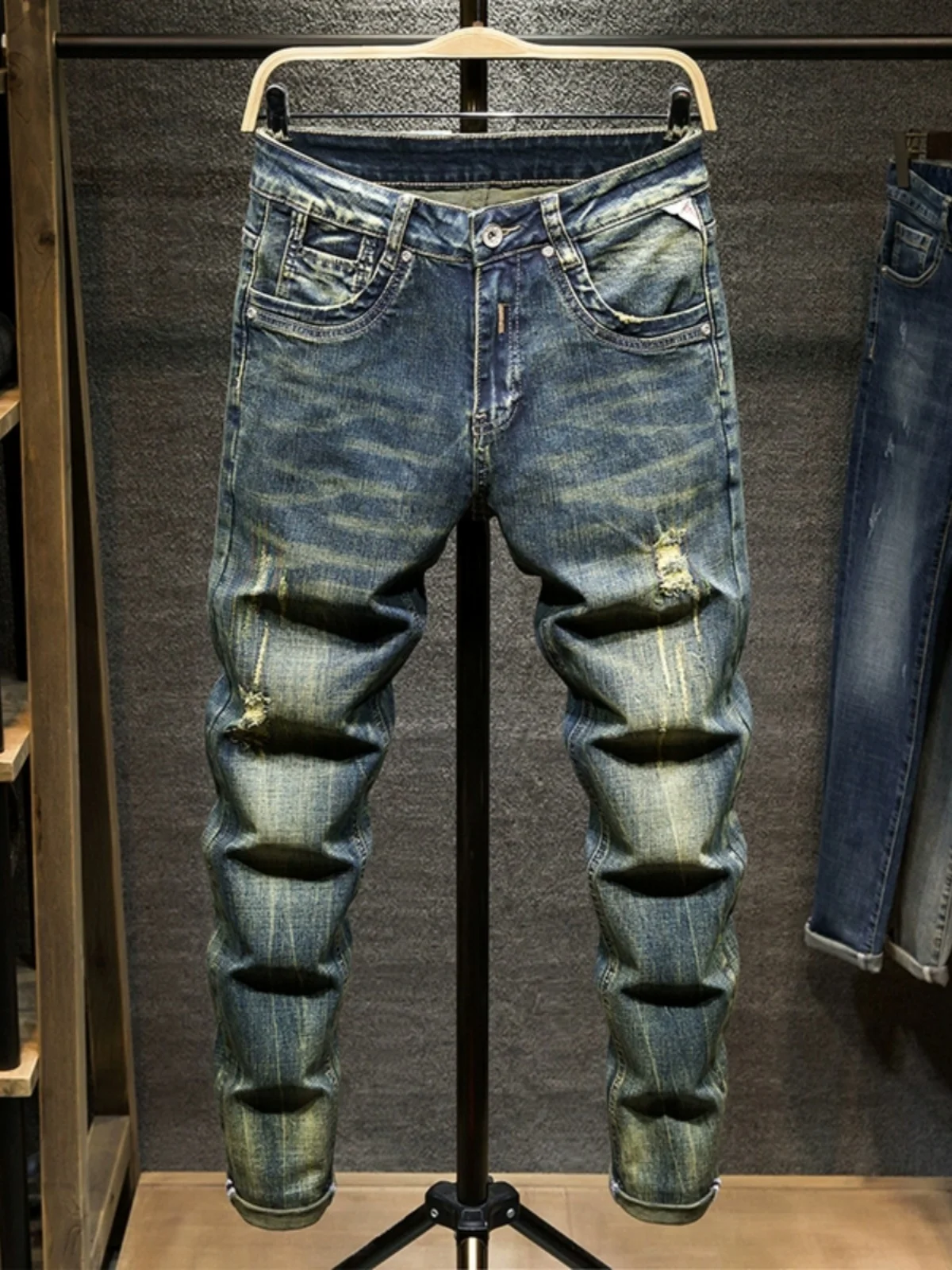 

Retro Hole Men's Jeans Korean Version Trendy Elastic Slim Fit Trendy Brand Streetwear Vintage Small Foot Pants