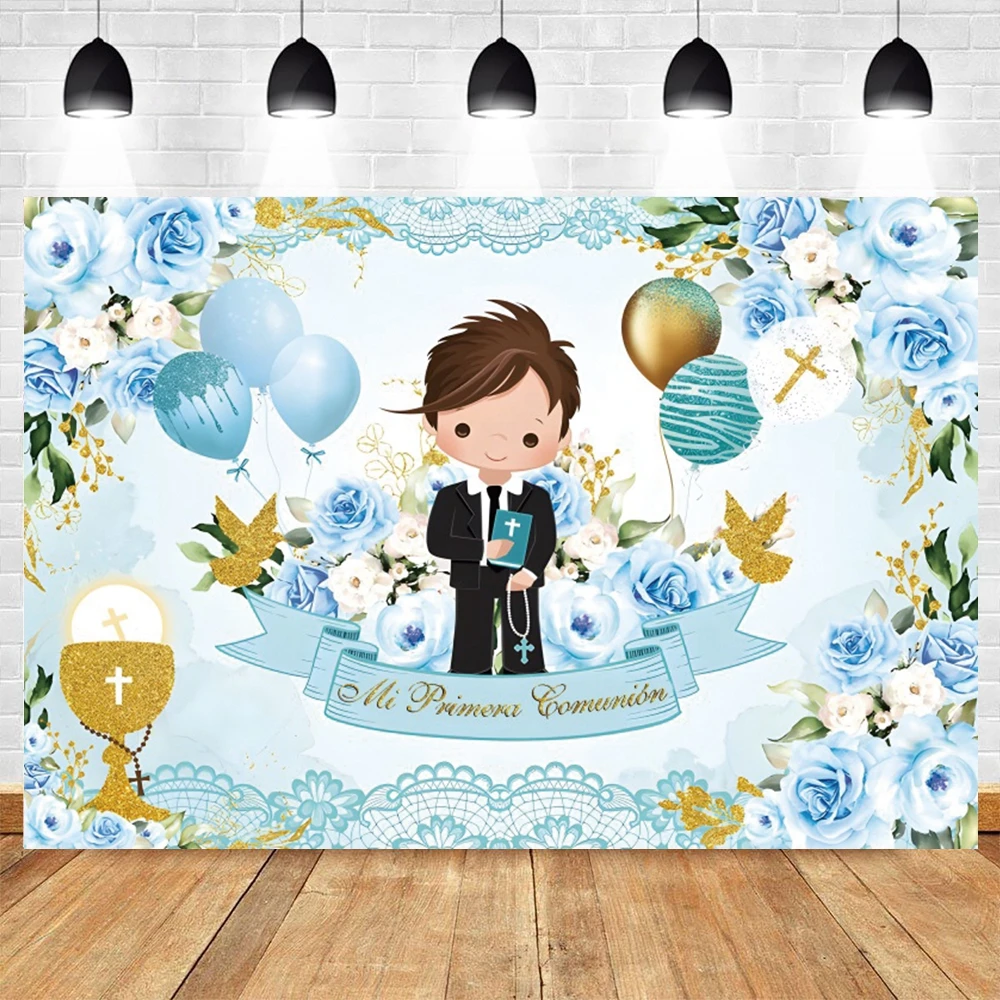 Boy Girl First Communion Backdrop Baptism God Bless Gold Cross Flower Green Leaf Baby Shower Photography Background Decor Banner