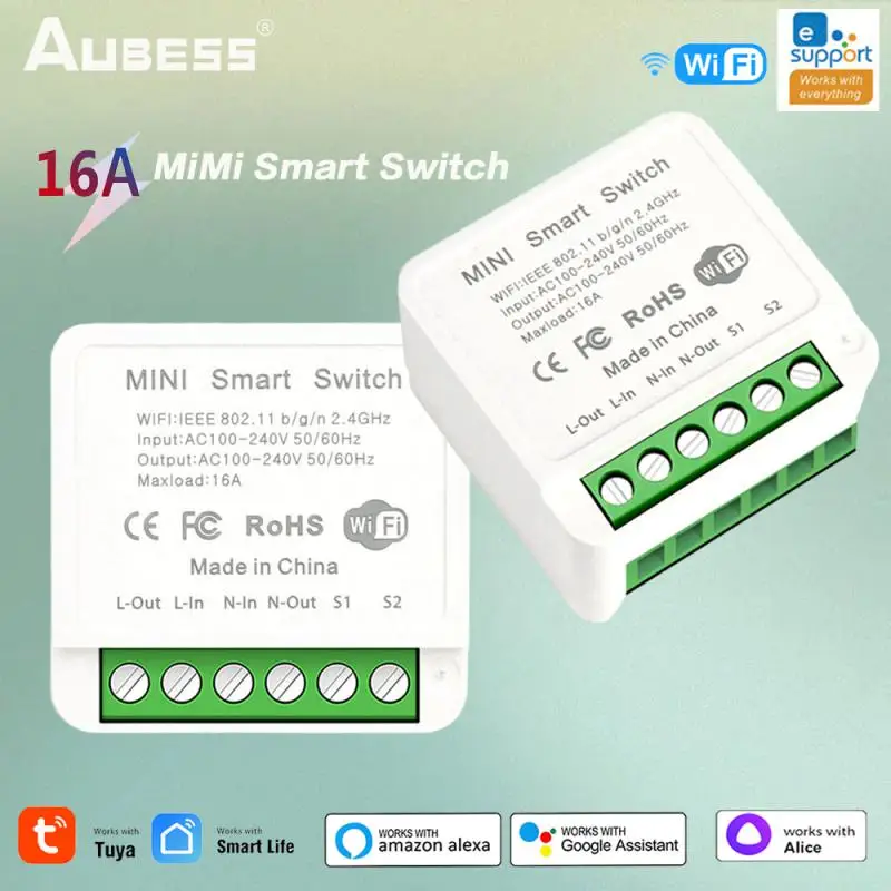 

AUBESS 16A Tuya WiFi Mini Smart Switch 2 Way Control Smart Home Automation Module Via Alexa Google Home Alice Smart Life App