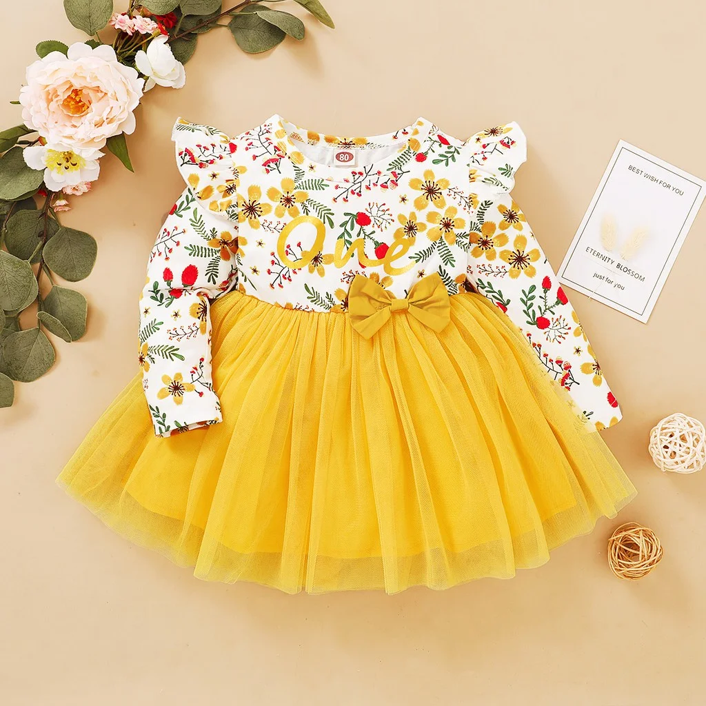 

Toddler Baby Girl Princess Dress Long Sleeve Yellow Tulle Patchwork Swing Dress Holiday Party Costumes