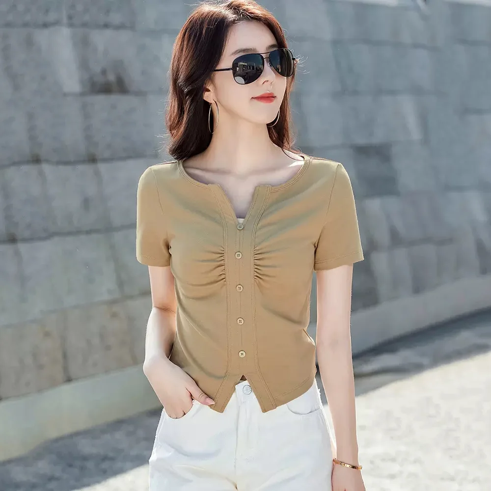 

New Women Summer Short Cotton T-shirt Fashion Chic V-Neck Short Sleeve Hottie Tees Tops Casual Simplicity Folds Slim T-shirt